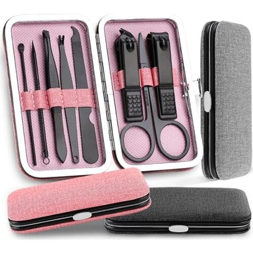 8pcs/set Multifunction Nail Clippers Stainless Steel Black Pedicure Scissor Tweezer Manicure Set Kit Nail Art Tools