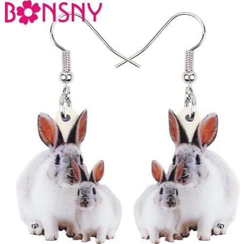 Bonsny Acrylic Mothers Day White Hare Rabbit Bunny Earrings Lovely Baby Animal Dangle Drop Jewelry For Women Kids Festival Gift