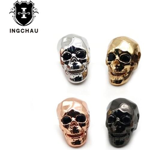 Jewelry Accessories Gold-Color Brass Metal Micro Pave Cubic Zirconia Skull Skeleton Head Beads For Jewelry Making Supplies BS-1