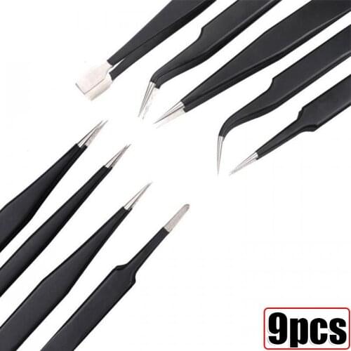 9pcs/set Diamond Painting Stainless Steel Anti-static Tweezers High Quality Beauty Nail Repair Clip Tools DIY Crafts Accessory