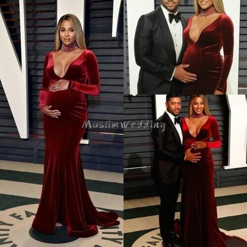 Sexy Deep V Neck Burgundy Mermaid Prom Dresses Long Sleeve Velvet Sweep Train Long Evening Dress Pregnant Black Girl Party Gown