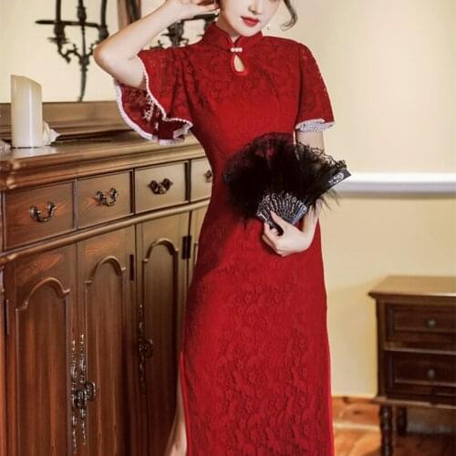 Red Sexy Vintage Lace Cheongsam Female Summer Retro Improved Modern Chic Girl Elegant Style Qipao Vestidos