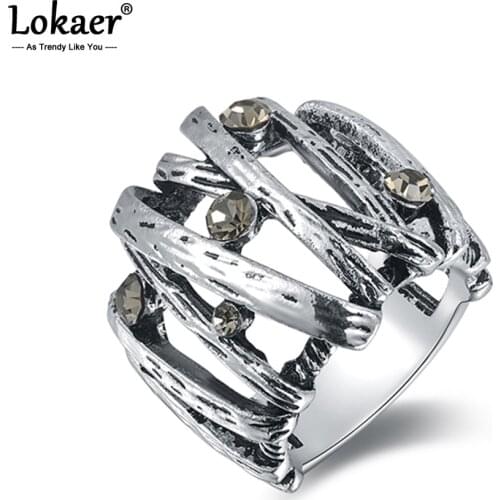 Lokaer Vintage Black Silver Color Finger Rings For Women Trendy Mosaic Gray Rhinestone Wedding Rings Jewelry Anneau R15014