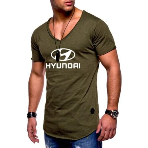 Summer Mens T-Shirt Hyundai Car Logo Printed Mens Short Sleeve Casual Comfortable Solid color V-neck Cotton male T-Shirt