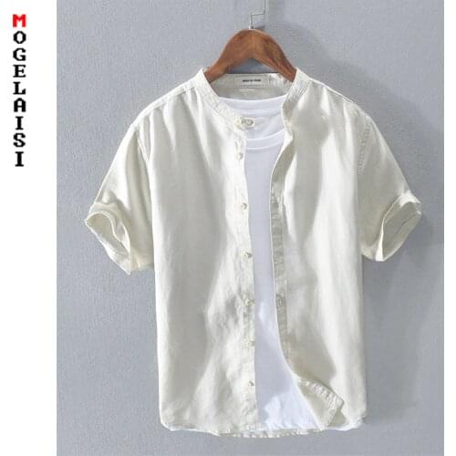 Mens summer cotton linen Shirt stand collar short-sleeved solid tops shirt Japanese casual Breathable simple linen shirt RC204
