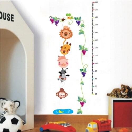 Lovely Safari Growth Chart Wall Stickers For Kids Room Home Decoration Cartoon Wild Animals Lion Tiger Wall Mural Art Pvc Decals