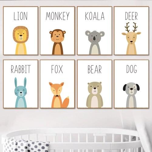Baby Nursery Wall Art Canvas Poster Print Rabbit Fox Deer Lion Monkey Animals Painting Nordic Picture Child Kids Bedroom Decor