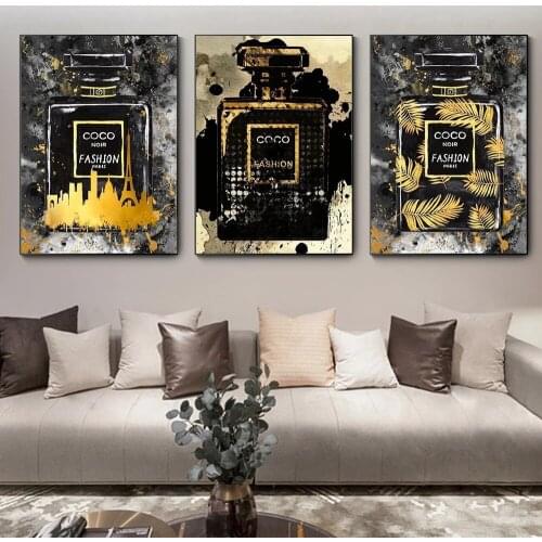Nordic Fashion Perfume Canvas Paintings on The Wall Abstract Perfume Bottle with Golden Leaves Wall Picture Print for Home Decor