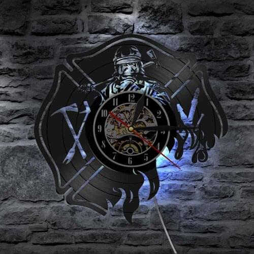 Firefighter Wall Art Clock Vintage Vinyl Record Wall Clock Fire Department Office Wall Decor LED Light Firemans Prayer Gift
