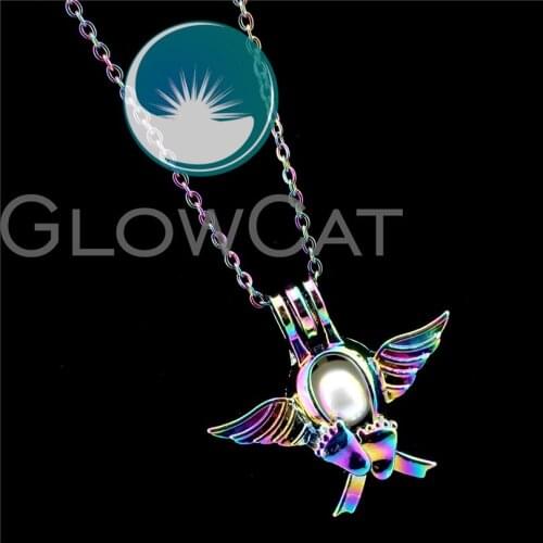 R-C697 Colorful Wings Foot Ribbon Beads Cage Pendant Perfume Diffuser Aromatherapy Stone Pearl Cage Locket Necklace