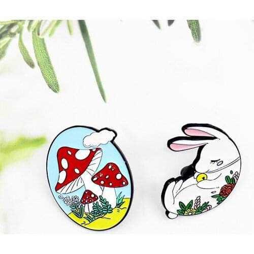 Cartoon Flower White Rabbit Rolls Up And Takes A Nap Clear Sky Red Mushroom Grows Fast Fashionable And Exquisite Enamel Brooch