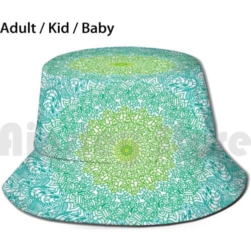 Mandala With Golden Heart Sun Hat Foldable UV Protection Mandala Blue Green Calming Flower Circle Cool Cold