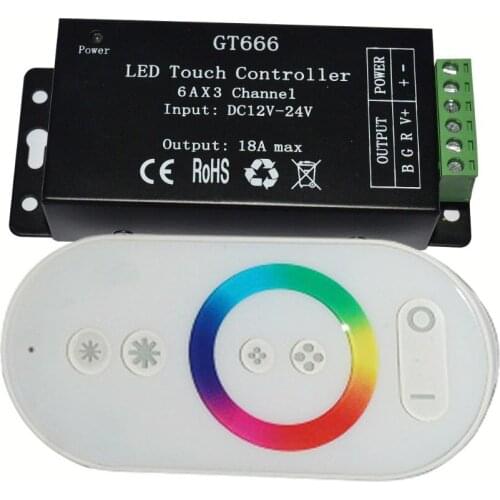 RGB LED controller with WHITE RF touch remote;DC12-24V input;6A*3CH output
