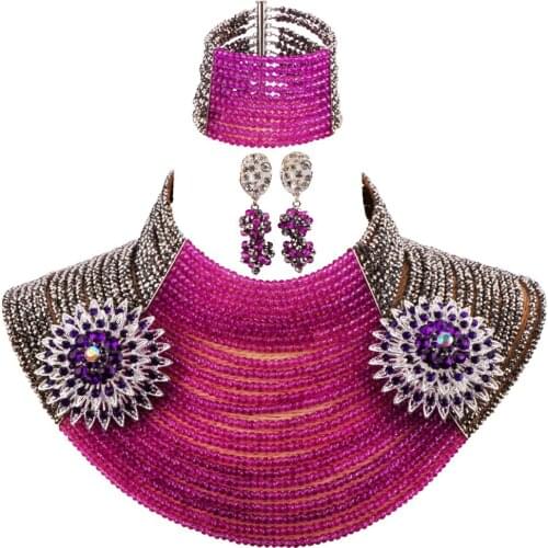 Trendy purple crystal bead choker necklace african jewelry set nigerian wedding beads