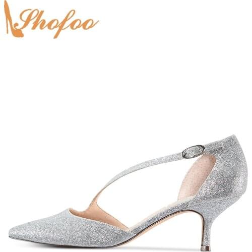 Silver Pumps High Kitten Heels Women Asymmetrical Ankle-strap Pointed Toe Large Size 11 15 Ladies Fashion Party Shoes Shofoo