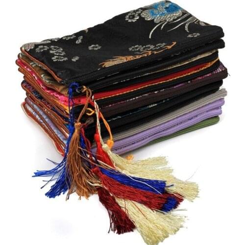 Beads Decor Zipper Silk Bags Wedding Christmas Party Favors Packing Gifts Bag Handmade Flower Embroidery Jewelry Holder Pouches