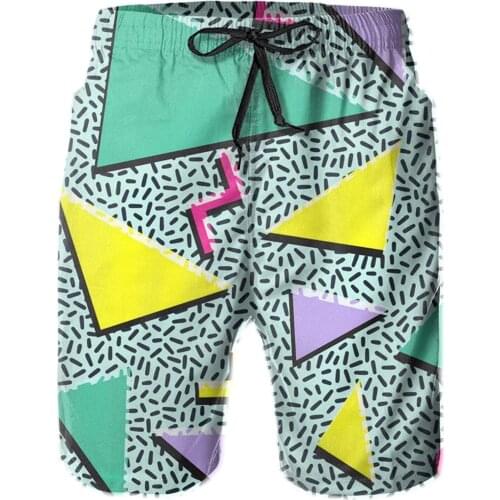 Funny Retro 80s 90s Geometric Mens Swim Trunk Vintage Summer Surf Board Shorts Quick Dry Beach Shorts with Mesh Lining Pants