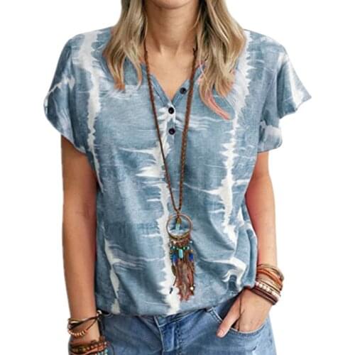 Tie Dye Women Blouse Summer V-Neck Button Casual Plus Size 2XL Shirts Short Sleeve Print 2021 Blouse Streetwear Loose Tops