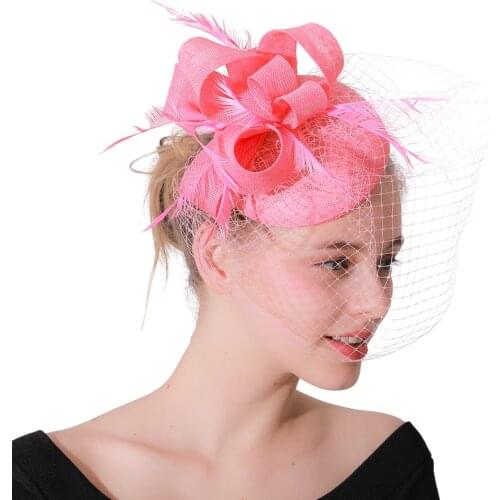 Women Fashion Pink Mesh Fascinator Hat Headband Feather Wedding Veils Party Headpiece Ladies Bridal Amazing Hair Accessories
