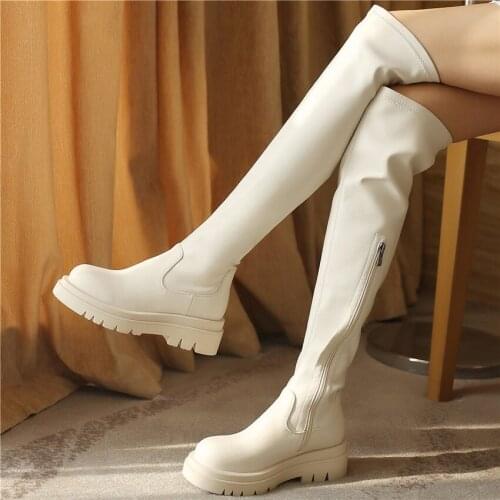 Women Cow Leather Round Toe Thigh High Boots Over the Knee Flat Platform Creeper Shoes Party Pumps Oxfords Casual Shoes 35 -43