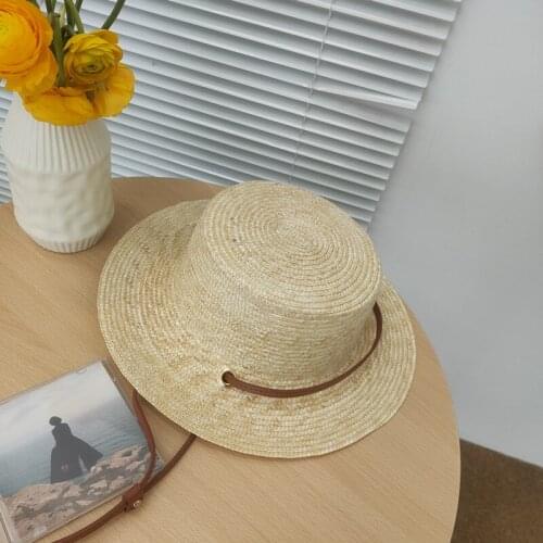 2021 New Spring Summer Personality Fashion Short Brim Flat Top Straw Hat For Women Panama Cap Sunshade PU Windproof Rope Fedora