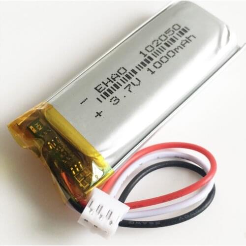 3.7V 1000mAh Lipo Rechargeable battery 102050 with JST 2.0mm 3pin plug connector for household wired microphone audio computer