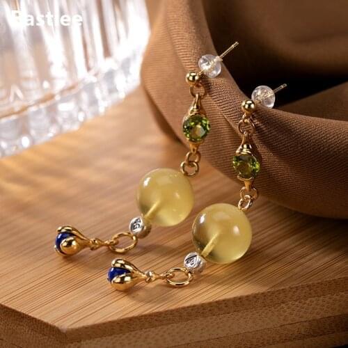Bastiee Natural Stone Dangle 925 Sterling Silver Earrings For Women Amber Lapis Lazuli Graptolite Earings