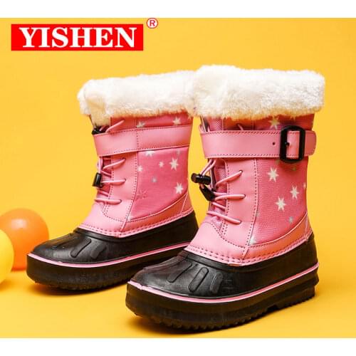 YISHEN Children Boots Winter Warm Plush Popular Style Girls Shoes Round Toe Hook & Loop Mid-Calf Boots Waterproof Toddler Boots
