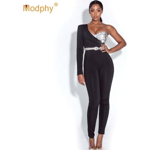 Free Shipping 2021 Fashion New Jumpsuit Sexy One-Shoulder Long-Sleeved Sequined Bodysuit Celebrity Evening Party Runway Jumpsuit