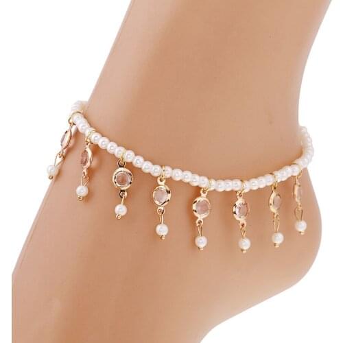Korean Fashion Simple All-match Imitation Pearl Crystal Tassel Elastic Anklet Anklet