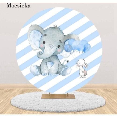 Mocsicka Little Elephant Round Backdrop Cover Blue White Stripes Balloon Baby Shower Photo Background for Photo Studio Photocall