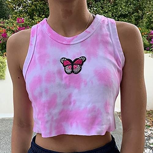 Summer Womens Tie-dye Butterfly Print Crop Top Sexy Ladies Sleeveless Tank Tops Pullover Vest Tank Crop Tops ropa de mujer 2021