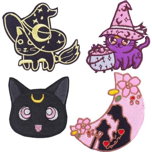 Magic Cat Embroidery Patches Iron on Wizard Kitty Appliques Pink Lovers Cute Patches on Clothes Girls Bags Hats Thermo Stickers