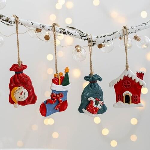 Gift Package House Pendant Christmas Socks Pendants Cute 4pcs Gifts Resin Mini Decorations