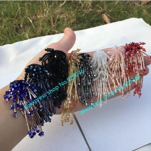 1pcs/lot hand-sewed beaded crystal flower pink red blue gey black silver beads applique with tassel fringes DIY garment supplies
