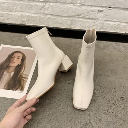 Ladies Fashion Boots Square Toe Thick Heel Elastic Womens Short Boots New Womens Shoes Mid-heel Thin Thin Leather Boots