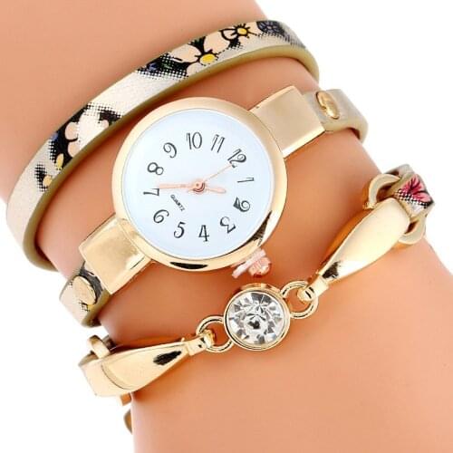 Gnova Platinum Women Dress Watch Printed Flower PU Leather Strap Fashion Quartz Wristwatch Rhinestone Geneva Crystal Charm A960