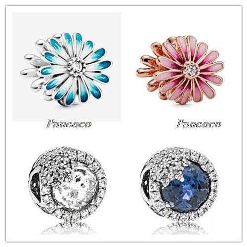 925 Sterling Silver Charm Blue Daisy Flower Charm Bead Fit Women Pandora Bracelet & Necklace Jewelry