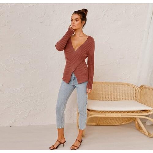 Women Casual Front Criss-cross Knitted Sweater Long Sleeve Sexy V neck Solid HighStreet Pullover 2021 Autumn New Fashion Sweater