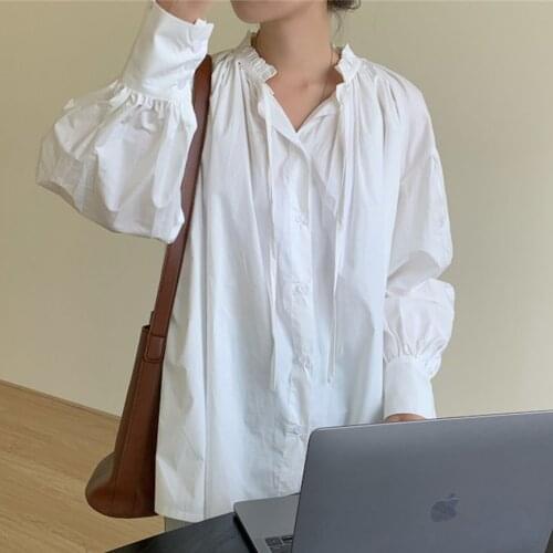 Alien Kitty Womens Tops Autumn Lantern Sleeve 2021 Oversize Hot Loose Streetwear Elegant Pure Color Shirt Chic New Femme Casual