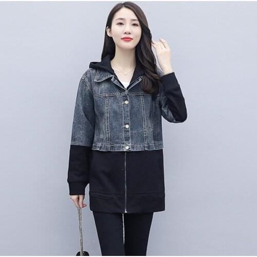 Women Trench Coat Hooded Patchwork Jean Windbreaker Long Sleeve Women Coats Loose Mid-length Trench Spring 2021 FC577