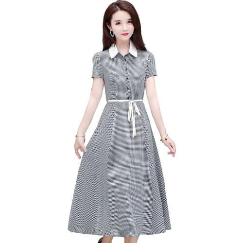 Shirt Collar Stitching Dress Female 2021Summer New Fashion Mid-Length A Word Dresses Women Large Size Lace Vestidos Ladies L627
