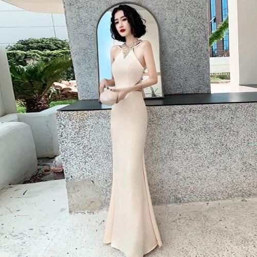Evening Dresses Halter Sleeveless Crystal Bling Lace Mermaid Floor-length Simple Elegant Plus size Women Formal Party Dress C200