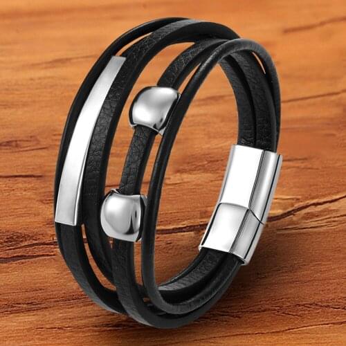 Punk Black Men Bracelet Leather Jewelry Charm Luxury Magnetic Stainless Steel Buckle Handwrist Wholesale Accessories Trendy