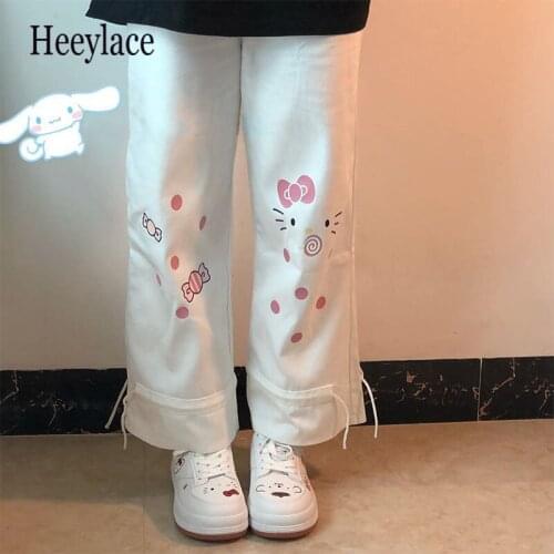 Kawaii Cartoon Print White Wide Leg Pants Women Korean Fashion Cute Oversize Loose Trousers for Female Soft Girl Pink 2021
