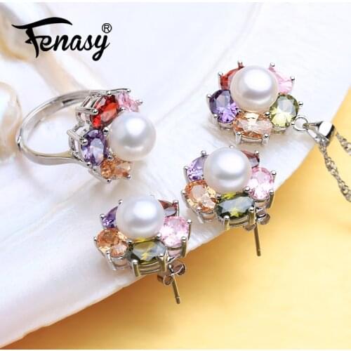 FENASY 925 Sterling Silver Pearl Jewelry Sets Natural Pearl Stud Earrings For Women Colorful Flower Pendant Necklace Party Ring