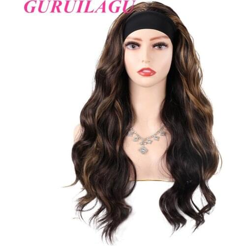 GURUILAGU Body Wave Headband Wig Natural Black Wigs for Women Long Wavy Synthetic Wig Heat Resistant Fiber Hair Wig