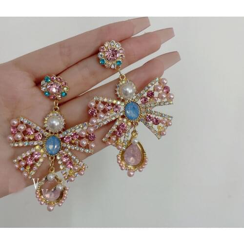 Korean Luxury Pink Rhinestone Bowknot Drop Earrings For Women Fashion Waterdrop Crystal Pendientes Party Jewelry