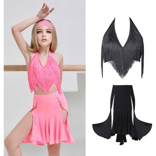 New Latin Dance Costume For Children Girls Fringe Tops Slit Skirt Latin Competition Suit Cha Cha Dancing Practice Wear DNV14736