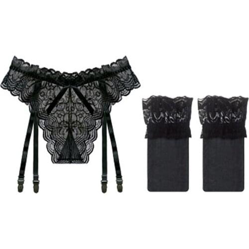 Lace Sexy Ladies Perspective Garter Set Fashion Panties+Thigh-Highs Stockings Entice Bondage Lingerie Harness Woman Garter Belt